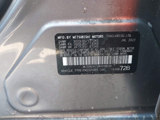 Продажа на аукционе авто 2022 Mitsubishi Mirage Es/le, vin: ML32AUHJ1NH009098, номер лота: 45155300