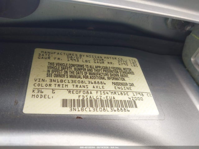 Aukcja sprzedaży 2008 Nissan Versa 1.8sl, vin: 3N1BC13E08L368886, numer aukcji: 45155304