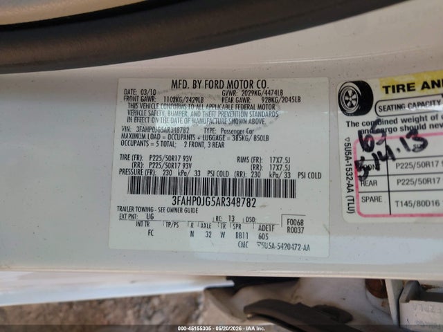 45155305 :رقم المزاد ، 3FAHP0JG5AR348782 vin ، 2010 Ford Fusion Sel مزاد بيع