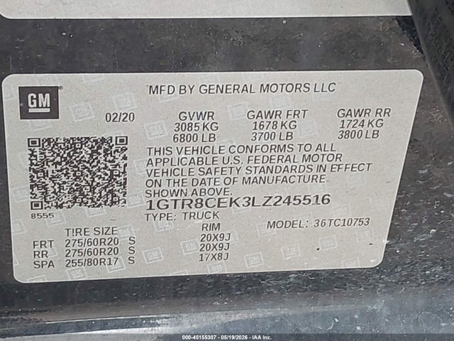 2020 Gmc Sierra 1500 2wd  Standard Box Elevation მანქანა იყიდება აუქციონზე, vin: 1GTR8CEK3LZ245516, აუქციონის ნომერი: 45155307