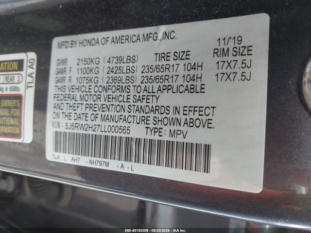 Aukcja sprzedaży 2020 Honda Cr-v Awd Lx, vin: 5J6RW2H27LL000565, numer aukcji: 45155309