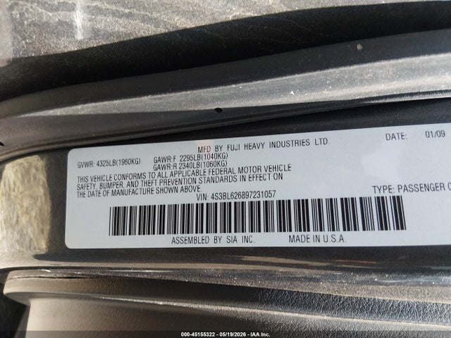 2009 Subaru Legacy 2.5i Limited მანქანა იყიდება აუქციონზე, vin: 4S3BL626897231057, აუქციონის ნომერი: 45155322