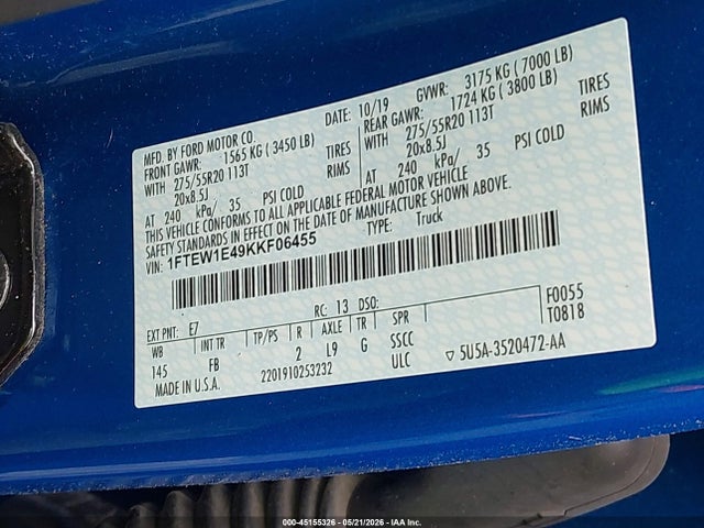 Продаж на аукціоні авто 2019 Ford F-150 Xlt, vin: 1FTEW1E49KKF06455, номер лоту: 45155326