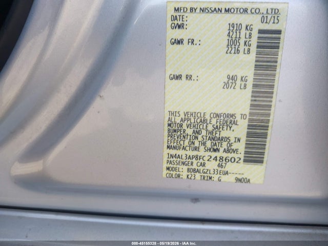 Aukcja sprzedaży 2015 Nissan Altima 2.5/2.5 S/2.5 Sl/2.5 Sv, vin: 1N4AL3AP8FC248602, numer aukcji: 45155328