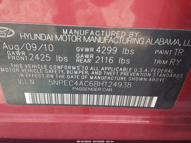 Aukcja sprzedaży 2011 Hyundai Sonata Se, vin: 5NPEC4AC6BH124938, numer aukcji: 45155330
