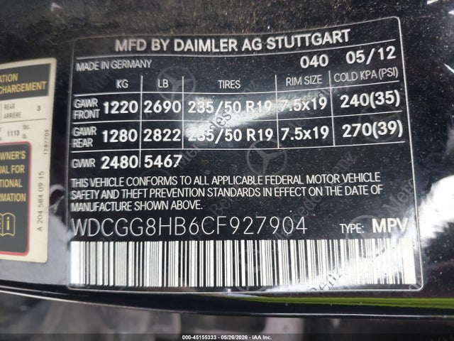 2012 Mercedes-benz Glk 350 4matic მანქანა იყიდება აუქციონზე, vin: WDCGG8HB6CF927904, აუქციონის ნომერი: 45155333