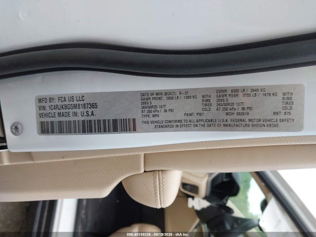 Продаж на аукціоні авто 2021 Jeep Grand Cherokee L Limited 4x4, vin: 1C4RJKBG5M8187365, номер лоту: 45155338