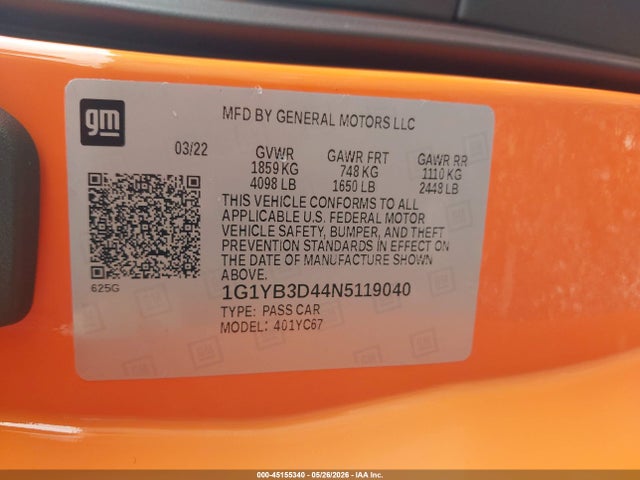 2022 Chevrolet Corvette Stingray Rwd  2lt მანქანა იყიდება აუქციონზე, vin: 1G1YB3D44N5119040, აუქციონის ნომერი: 45155340