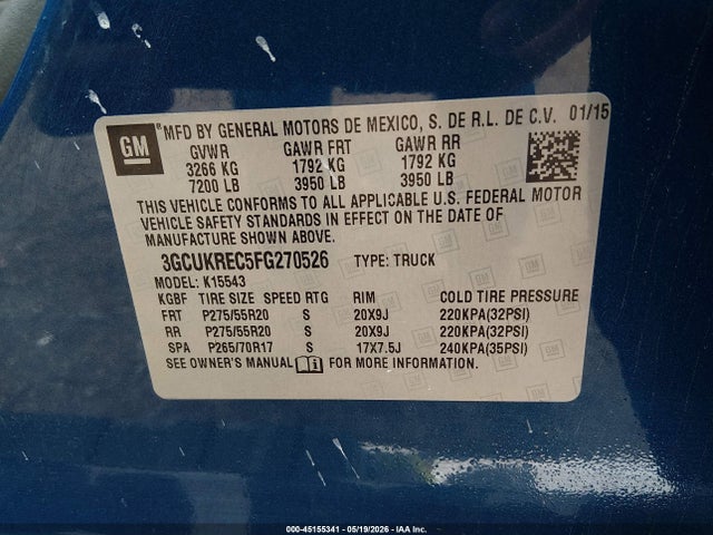 Продаж на аукціоні авто 2015 Chevrolet Silverado 1500 1lt, vin: 3GCUKREC5FG270526, номер лоту: 45155341