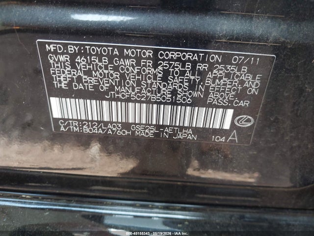 Aukcja sprzedaży 2011 Lexus Is 250, vin: JTHCF5C27B5051506, numer aukcji: 45155343