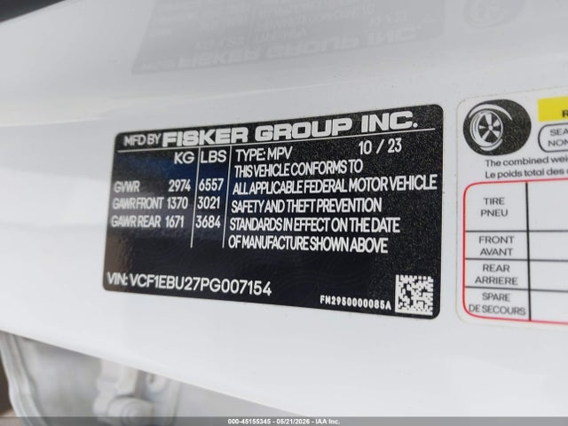 45155345 :رقم المزاد ، VCF1EBU27PG007154 vin ، 2023 Fisker Ocean Extreme مزاد بيع