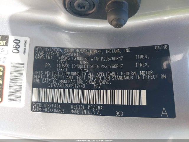 Aukcja sprzedaży 2018 Toyota Sienna L 7 Passenger, vin: 5TDZZ3DC6JS942443, numer aukcji: 45155349