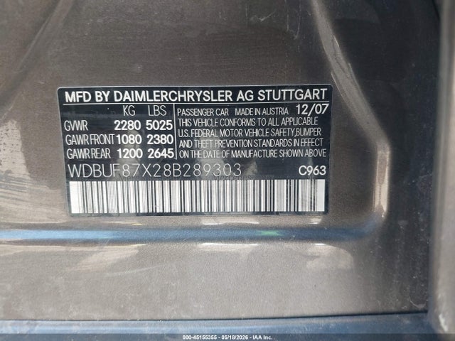 45155355 :رقم المزاد ، WDBUF87X28B289303 vin ، 2008 Mercedes-benz E 350 4matic مزاد بيع