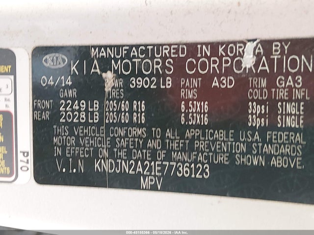 45155366 :رقم المزاد ، KNDJN2A21E7736123 vin ، 2014 Kia Soul مزاد بيع