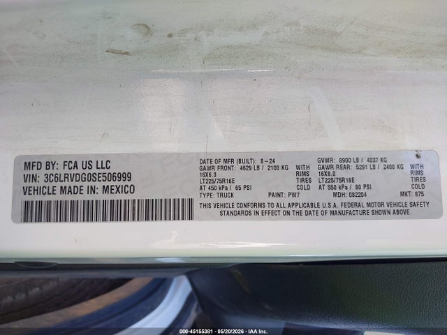 45155381 :رقم المزاد ، 3C6LRVDG0SE506999 vin ، 2025 Ram Promaster 2500 Tradesman High Roof 159 Wb W/pass Seat مزاد بيع