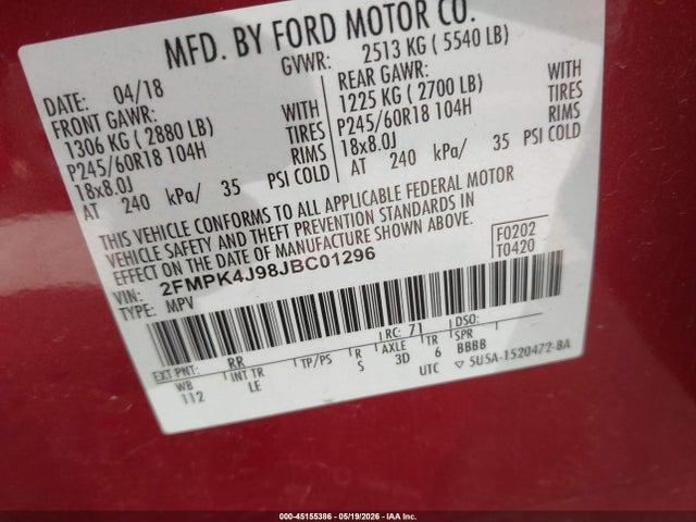 Продажа на аукционе авто 2018 Ford Edge Sel, vin: 2FMPK4J98JBC01296, номер лота: 45155386
