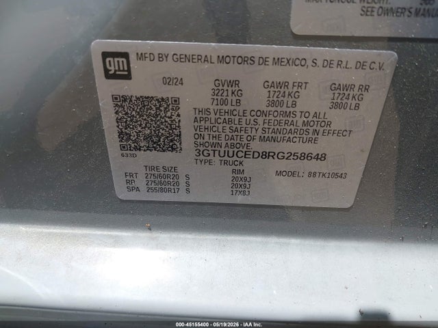 45155400 :رقم المزاد ، 3GTUUCED8RG258648 vin ، 2024 Gmc Sierra 1500 4wd  Short Box Elevation With 3sb مزاد بيع