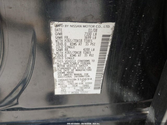Aukcja sprzedaży 2008 Nissan Titan Se/xe, vin: 1N6AA07D18N350694, numer aukcji: 45155404