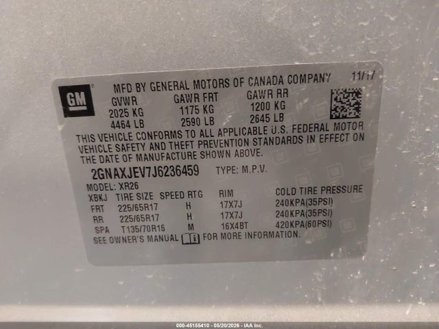 45155410 :رقم المزاد ، 2GNAXJEV7J6236459 vin ، 2018 Chevrolet Equinox Lt مزاد بيع