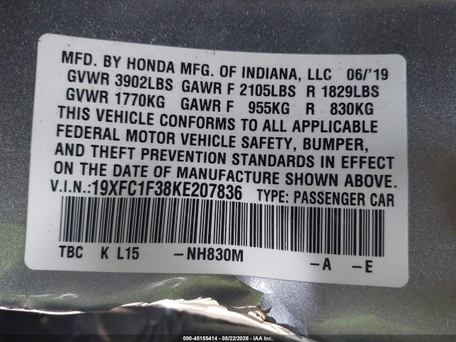Продаж на аукціоні авто 2019 Honda Civic Ex, vin: 19XFC1F38KE207836, номер лоту: 45155414