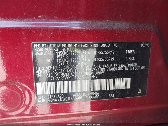 2019 Toyota Rav4 Xle Premium მანქანა იყიდება აუქციონზე, vin: 2T3A1RFVXKC046055, აუქციონის ნომერი: 45155429