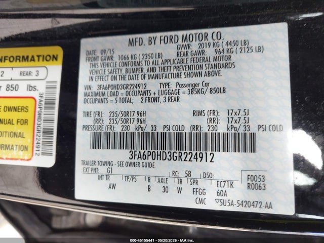 Продаж на аукціоні авто 2016 Ford Fusion Se, vin: 3FA6P0HD3GR224912, номер лоту: 45155441