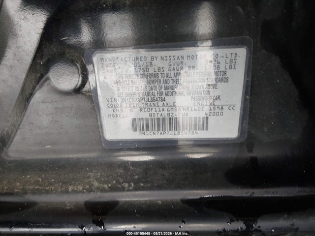 2018 Nissan Versa 1.6 Sv მანქანა იყიდება აუქციონზე, vin: 3N1CN7AP7JL854784, აუქციონის ნომერი: 45155445