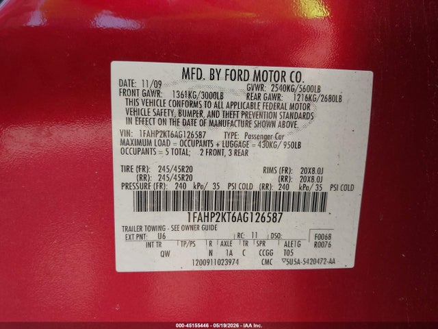 Продаж на аукціоні авто 2010 Ford Taurus Sho, vin: 1FAHP2KT6AG126587, номер лоту: 45155446