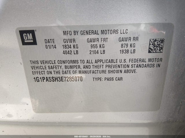 2014 Chevrolet Cruze Ls Auto მანქანა იყიდება აუქციონზე, vin: 1G1PA5SH3E7285070, აუქციონის ნომერი: 45155451