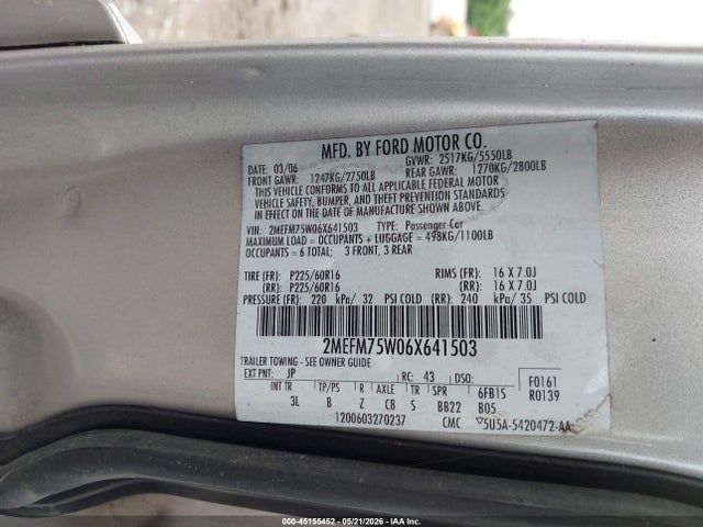 45155452 :رقم المزاد ، 2MEFM75W06X641503 vin ، 2006 Mercury Grand Marquis Ls مزاد بيع