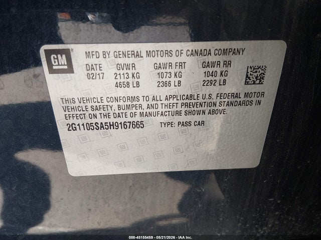 Продажа на аукционе авто 2017 Chevrolet Impala 1lt, vin: 2G1105SA5H9167665, номер лота: 45155459