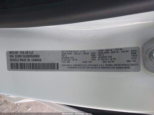 Продаж на аукціоні авто 2025 Chrysler Pacifica Limited, vin: 2C4RC1GG9SR569963, номер лоту: 45155464