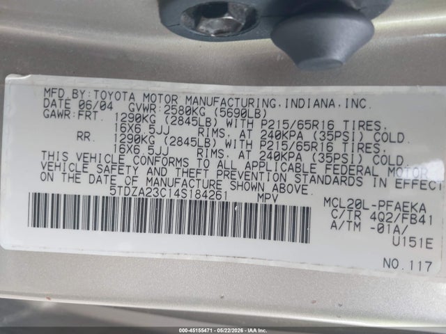 Aukcja sprzedaży 2004 Toyota Sienna Le, vin: 5TDZA23C14S184261, numer aukcji: 45155471