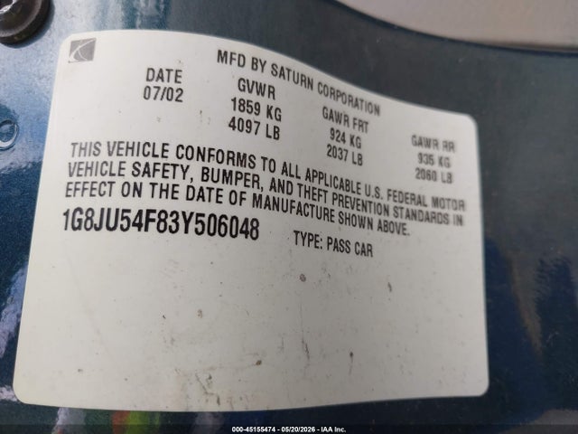 45155474 :رقم المزاد ، 1G8JU54F83Y506048 vin ، 2003 Saturn L-series L200 مزاد بيع