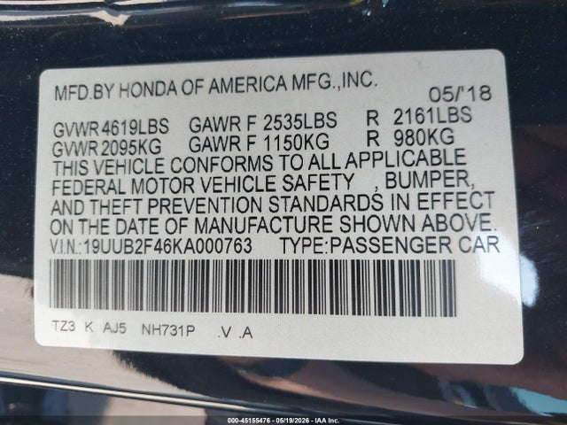 Aukcja sprzedaży 2019 Acura Tlx Tech Pkg, vin: 19UUB2F46KA000763, numer aukcji: 45155476