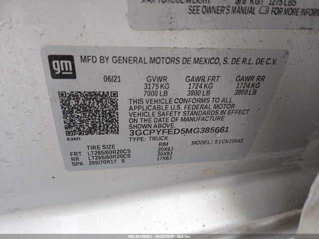 45155481 :رقم المزاد ، 3GCPYFED5MG385661 vin ، 2021 Chevrolet Silverado 1500 4wd  Short Bed Lt Trail Boss مزاد بيع