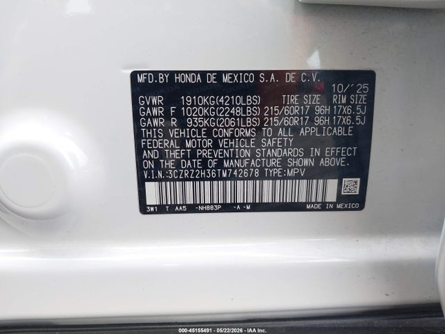 45155491 :رقم المزاد ، 3CZRZ2H36TM742678 vin ، 2026 Honda Hr-v Awd Lx مزاد بيع