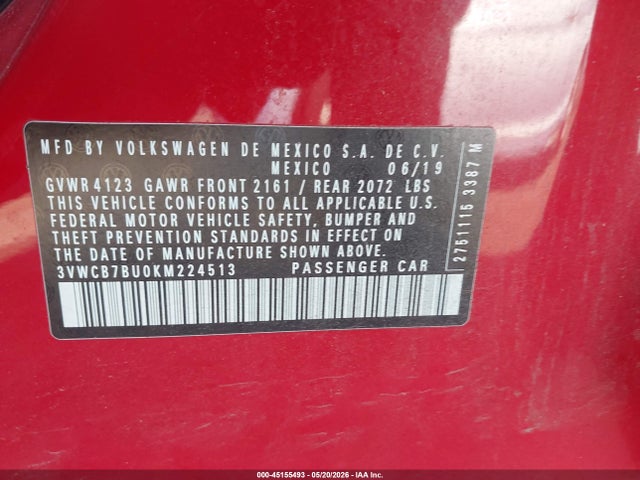 2019 Volkswagen Jetta 1.4t R-line/1.4t S/1.4t Se მანქანა იყიდება აუქციონზე, vin: 3VWCB7BU0KM224513, აუქციონის ნომერი: 45155493
