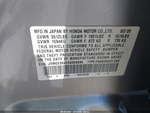 Aukcja sprzedaży 2009 Honda Fit Sport, vin: JHMGE884X9S058896, numer aukcji: 45155497