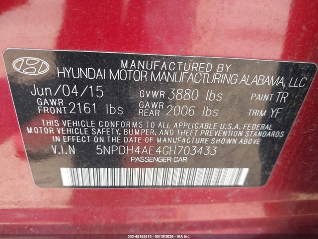 Aukcja sprzedaży 2016 Hyundai Elantra Se, vin: 5NPDH4AE4GH703433, numer aukcji: 45155510
