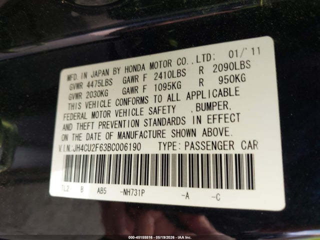 45155516 :رقم المزاد ، JH4CU2F63BC006190 vin ، 2011 Acura Tsx 2.4 مزاد بيع