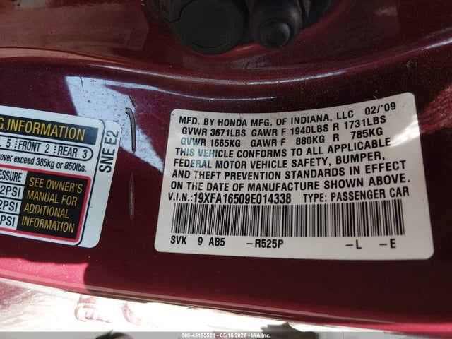45155521 :رقم المزاد ، 19XFA16509E014338 vin ، 2009 Honda Civic Lx مزاد بيع