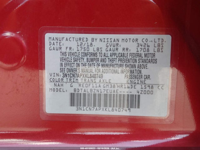 Продажа на аукционе авто 2019 Nissan Versa 1.6 Sv, vin: 3N1CN7APXKL840749, номер лота: 45155523