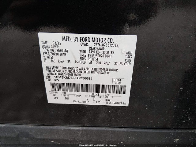 Ford EXPLORER XLT 2015 1FM5K8D83FGC36684 Image 9