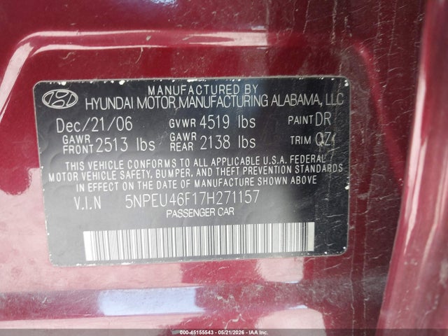 Продаж на аукціоні авто 2007 Hyundai Sonata Limited/se V6, vin: 5NPEU46F17H271157, номер лоту: 45155543