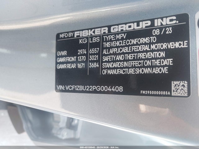 Продажа на аукционе авто 2023 Fisker Ocean One, vin: VCF1ZBU22PG004408, номер лота: 45155545