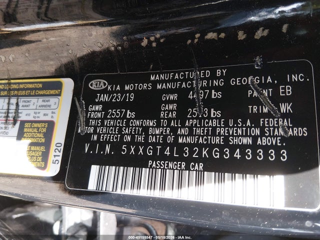 Продажа на аукционе авто 2019 Kia Optima Lx, vin: 5XXGT4L32KG343333, номер лота: 45155547