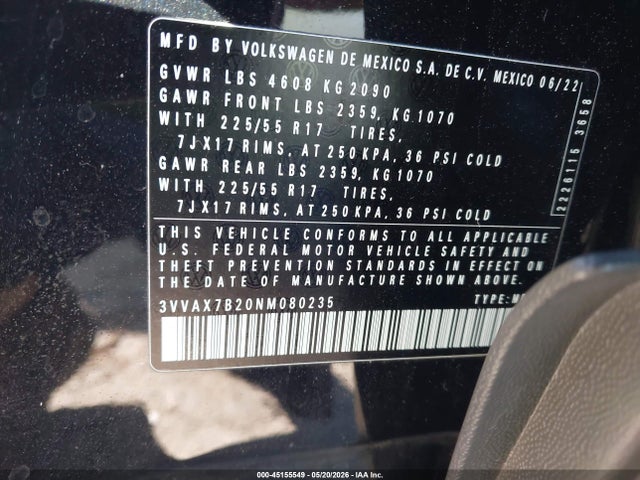 Aukcja sprzedaży 2022 Volkswagen Taos 1.5t S, vin: 3VVAX7B20NM080235, numer aukcji: 45155549