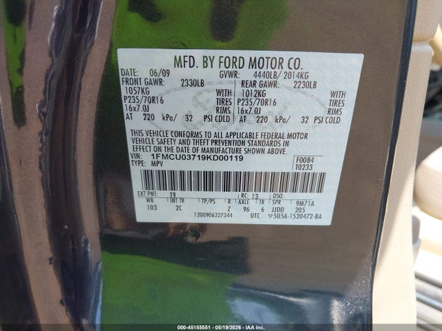 Aukcja sprzedaży 2009 Ford Escape Xlt, vin: 1FMCU03719KD00119, numer aukcji: 45155551