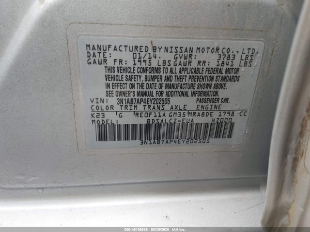 Продажа на аукционе авто 2014 Nissan Sentra S, vin: 3N1AB7AP4EY202505, номер лота: 45155566